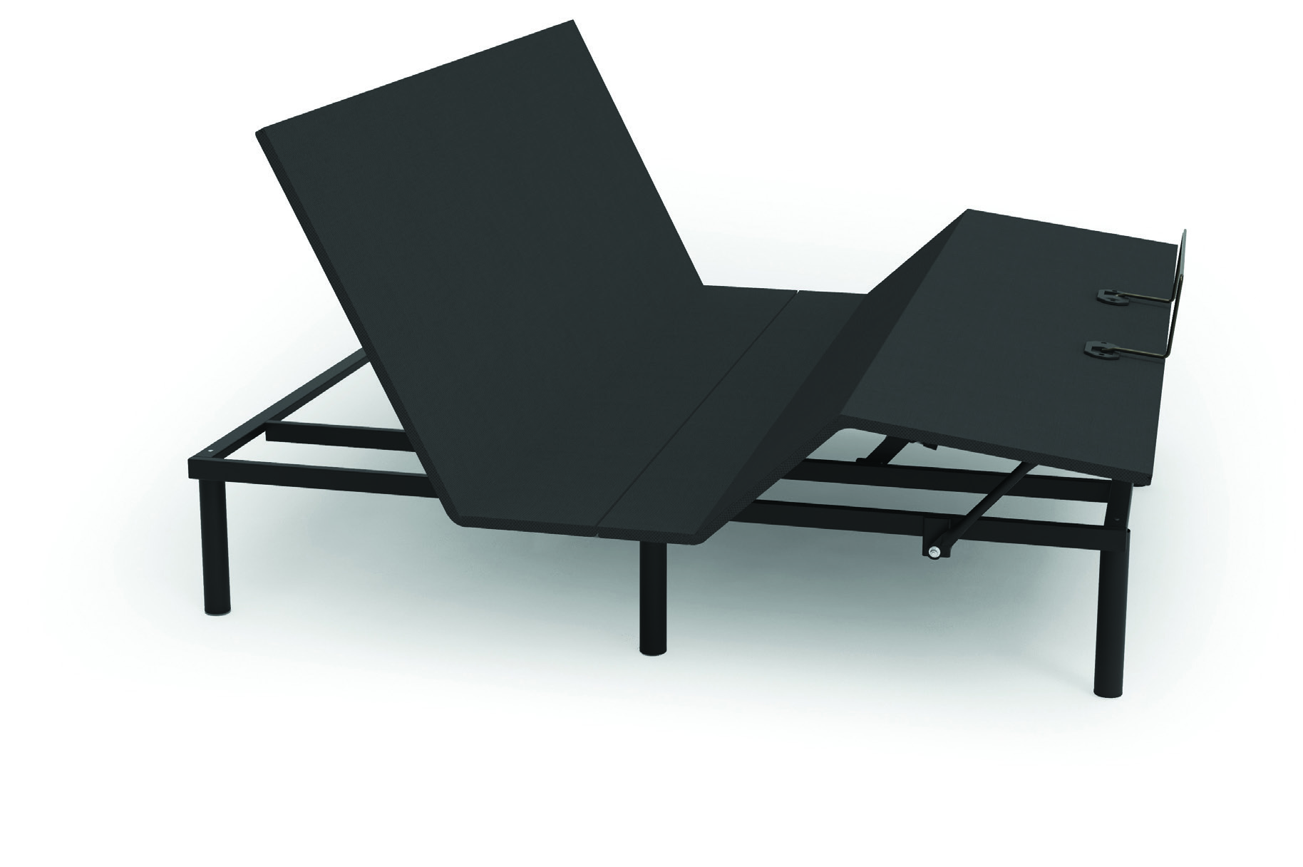 Dark grey adjustable bed frame with head and foot sections raised, studio render