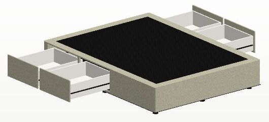 Drawing of a four-drawer upholstered storage base with drawers open on both sides